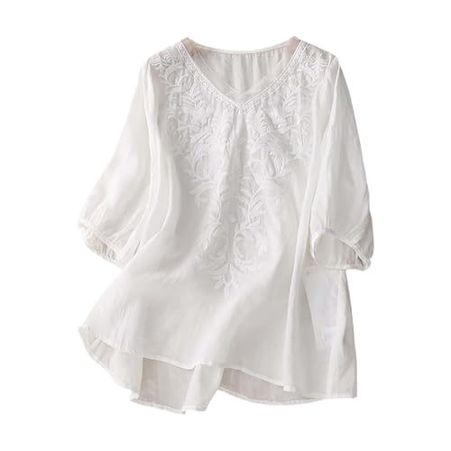 Shirts Damen, Boho Tunika Damen Indian Style, Baumwolle Leinen Shirt 3/4 Arm Blusen & Tuniken V-Ausschnitt Oberteile Elegant Leinenhemd Langarm Urlaub Must Haves von Generisch