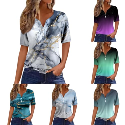 Shirts Damen Sommer Bedruckte Tshirt Elegant Kurzarm Blusen Coole Damenoberteile Ausgefallene Tunika Tops Teenager Mädchen Oberteile V-Ausschnitt Leicht Freizeitshirts Basic Sportshirt von Generisch