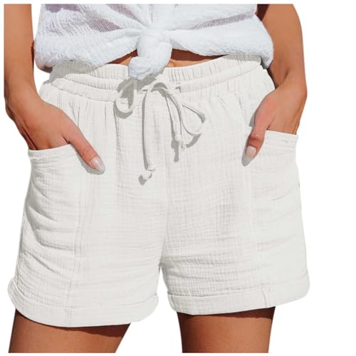 Shorts Damen Leinen Musselin Kurze Hose Beach Mit Taschen Mode Lässige Freizeit Stoffhose Stretch Gerades Bein Kordelzug Leinenhose Damen Bermuda Sommer Kurze Hose Für Die von Generisch
