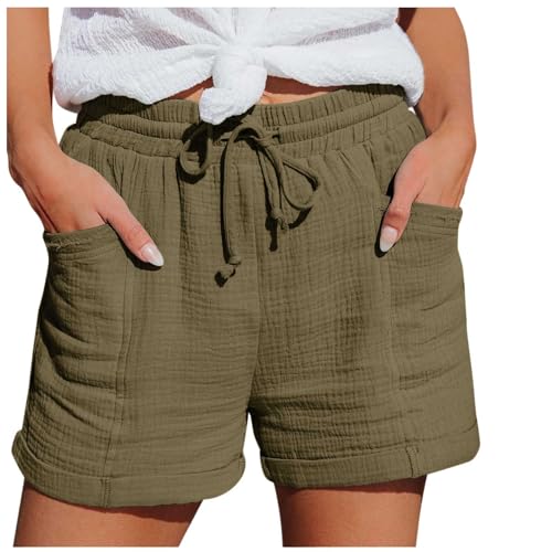 Shorts Damen Leinen Musselin Kurze Hose Beach Mit Taschen Mode Lässige Freizeit Stoffhose Stretch Gerades Bein Kordelzug Leinenhose Damen Bermuda Sommer Kurze Hose Für Die von Generisch