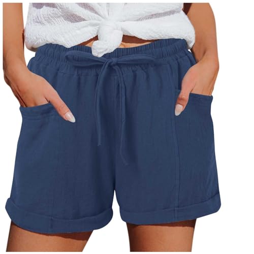 Shorts Damen Leinen Musselin Kurze Hose Beach Mit Taschen Mode Lässige Freizeit Stoffhose Stretch Gerades Bein Kordelzug Leinenhose Damen Bermuda Sommer Kurze Hose Für Die von Generisch