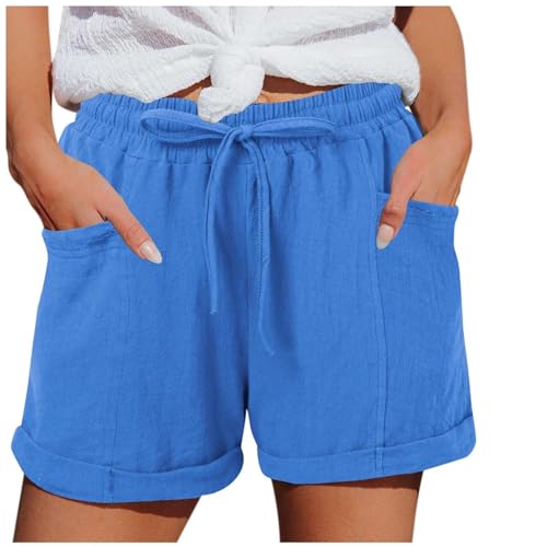 Shorts Damen Leinen Musselin Kurze Hose Beach Mit Taschen Mode Lässige Freizeit Stoffhose Stretch Gerades Bein Kordelzug Leinenhose Damen Bermuda Sommer Kurze Hose Für Die von Generisch
