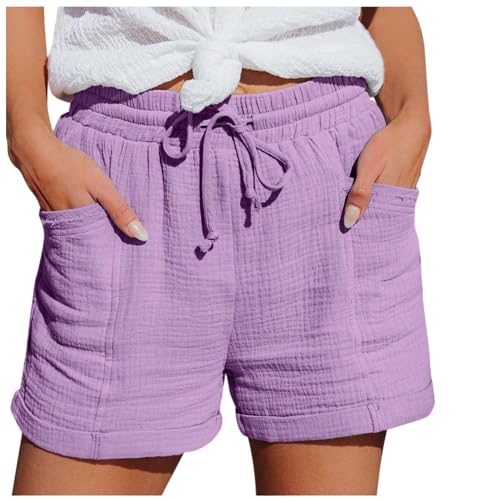 Shorts Damen Leinen Musselin Kurze Hose Beach Mit Taschen Mode Lässige Freizeit Stoffhose Stretch Gerades Bein Kordelzug Leinenhose Damen Bermuda Sommer Kurze Hose Für Die von Generisch