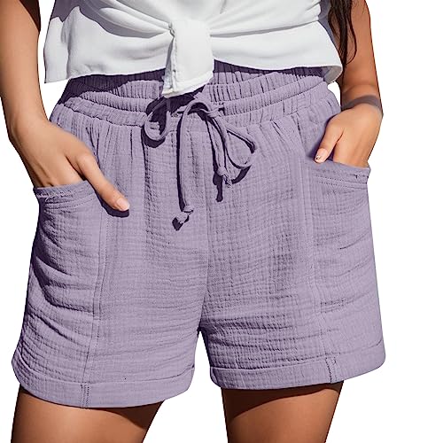 Shorts Damen Leinen Musselin Kurze Hose Beach Mit Taschen Mode Lässige Freizeit Stoffhose Stretch Gerades Bein Kordelzug Leinenhose Damen Bermuda Sommer Kurze Hose Für Die von Generisch
