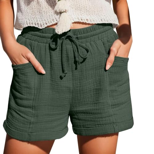 Shorts Damen Musselin Hose Kurze Hose Sommer Freizeithose Große Größen Sommerhose Baumwolle Atmungsaktiv Jogginghose Knielang Sporthose Hohe Taille Stretch Strandhose Einfarbig Hosen mit Kordelzug von Generisch