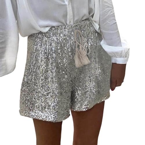 Shorts Damen Pailletten Hose Sexy Hohe Taille Gerades Bein Metallic Hotpants Glitzer Festivals Outfits Glänzend Kurz von Generisch