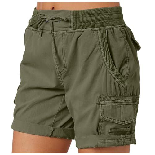 Shorts Damen Sommer, Cargo Shorts Damen Mit Taschen Bermuda Hosen Mit Gummizug Arbeitshose High Waist Kurze Hose Kurz Wandershorts Outdoor Wanderhose Sommer Jogginghose Baggy, Militärgrün, L von Generisch