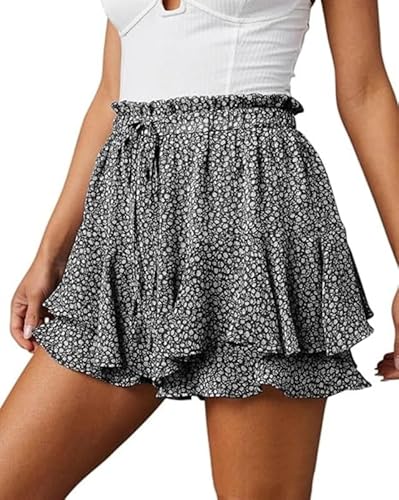 Shorts Damen Sommer Lässig Rock mit Hose Drunter Chiffon Boho Shorts Leicht Hosenrock Kurze Hose Elastische Taille Minirock Blumen Rüschen Strandshorts Locker Sommerhose Freizeit mit Kordelzug von Generisch