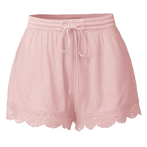Shorts Damen Sommer Lässige Kurze Hose High Waist Kordelzug Elastische Taille Baggy Shorts Spitzenrand Baumwolle Kurze Hosen Bequeme Freizeit Strand Stoffhose Rosa XL von Generisch