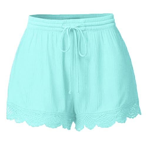 Shorts Damen Sommer Lässige Kurze Hose High Waist Kordelzug Elastische Taille Baggy Shorts Spitzenrand Baumwolle Kurze Hosen Bequeme Freizeit Strand Stoffhose Himmelblau 3XL von Generisch