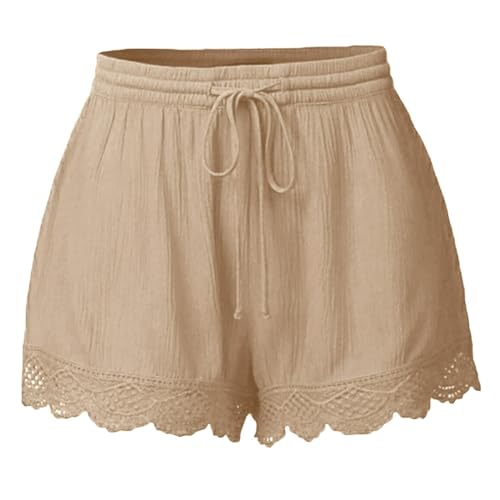 Shorts Damen Sommer Lässige Kurze Hose High Waist Kordelzug Elastische Taille Baggy Shorts Spitzenrand Baumwolle Kurze Hosen Bequeme Freizeit Strand Stoffhose Beige L von Generisch