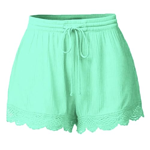 Shorts Damen Sommer Lässige Kurze Hose High Waist Kordelzug Elastische Taille Baggy Shorts Spitzenrand Baumwolle Kurze Hosen Bequeme Freizeit Strand Stoffhose Minzgrün L von Generisch