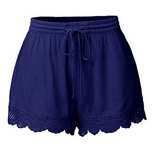 Shorts Damen Sommer Lässige Kurze Hose High Waist Kordelzug Elastische Taille Baggy Shorts Spitzenrand Baumwolle Kurze Hosen Bequeme Freizeit Strand Stoffhose Blau XL von Generisch