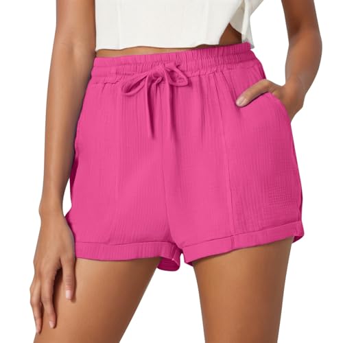 Shorts Damen Sommer Leinen Musselin Kurze Hose Beach Mit Taschen Mode Lässige Stoffhose Freizeit Stretch Gerades Bein Kordelzug Leinenhose Komfort von Generisch
