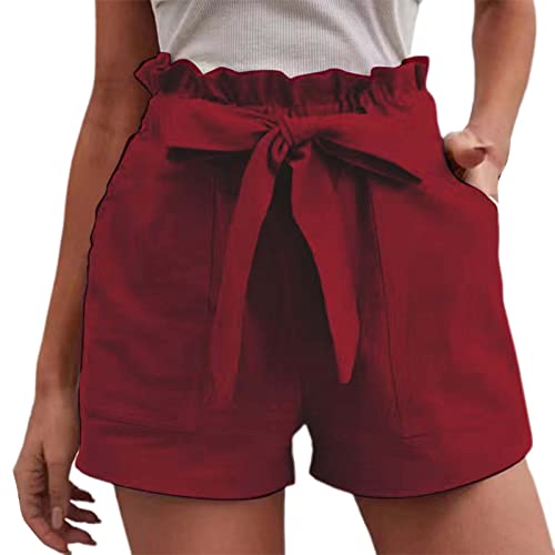 Shorts Damen Sommer Leinen Musselin Kurze Hose Beach Short Mit Taschen Mode Lässige Stoffhose Freizeit Short Elastische Taille Stretch Gerades Bein Sport Shorts Mit Kordelzug Leinenhose von Generisch
