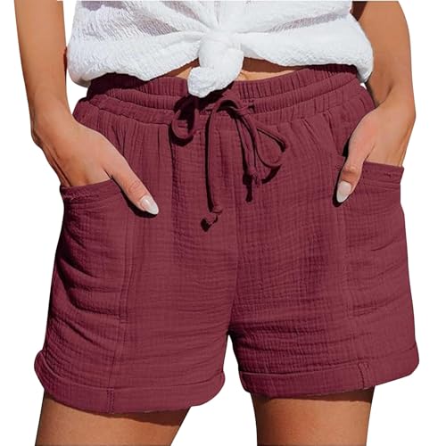 Shorts Damen Sommer Leinen Musselin Kurze Hose Beach Shorts Mit 4 Taschen Mode Lässige Stoffhose Freizeit Short Elastische Taille Stretch Gerades Bein Sport Hose Mit Kordelzug Leinenhose Baumwolle von Generisch