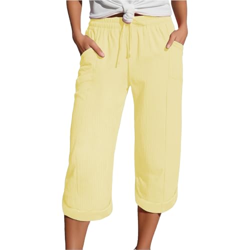 Shorts Damen Sommer Leinen Musselin Kurze Hose Beach Shorts Mit Taschen Mode Lässige Freizeitshorts hoher Taille Stretch Gerades Bein Sportshorts mit Kordelzug Leinenhose,Musselin Hose Damen von Generisch