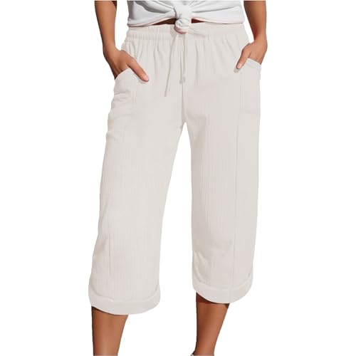 Shorts Damen Sommer Leinen Musselin Kurze Hose Beach Shorts Mit Taschen Mode Lässige Freizeitshorts hoher Taille Stretch Gerades Bein Sportshorts mit Kordelzug Leinenhose,Musselin Hose Damen von Generisch