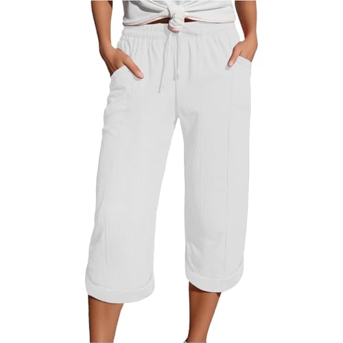 Shorts Damen Sommer Leinen Musselin Kurze Hose Beach Shorts Mit Taschen Mode Lässige Freizeitshorts hoher Taille Stretch Gerades Bein Sportshorts mit Kordelzug Leinenhose,Musselin Hose Damen von Generisch