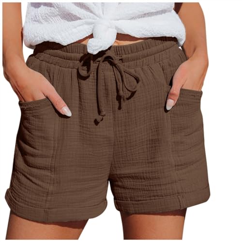 Shorts Damen Sommer Leinen Musselin Kurze Hose Beach Shorts Mit Taschen Mode Lässige Sportshorts Stoffhose Freizeit Stretch Sommerhose Soft Comfortable Mit Kordelzug Leinenhose Kurze Hose S-5XL von Generisch