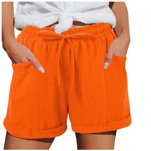 Shorts Damen Sommer Leinen Musselin Kurze Hose Beach Shorts Mit Taschen Mode Lässige Stoffhose Freizeit Shorts Elastische Taille Stretch Gerades Bein Sport Shorts Hose Shorts Damen (Orange #3, M) von Generisch