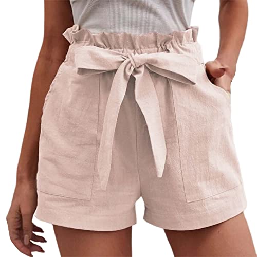 Shorts Damen Sommer Leinen Musselin Kurze Hose Beach Shorts Mit Taschen Mode Lässige Stoffhose Freizeitshorts Elastische Taille Stretch Gerades Bein Sportshorts mit Kordelzug Leinenhose von Generisch