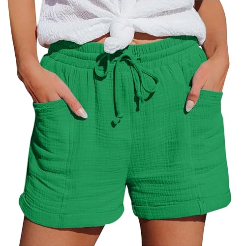 Shorts Damen Sommer Musselin Leinen Kurze Hose Baggy Beach Shorts Mit Taschen Elastische Taille Stretchy Gerades Bein Bermuda Hose Kurze Lässige Short Damen Sportshorts von Generisch