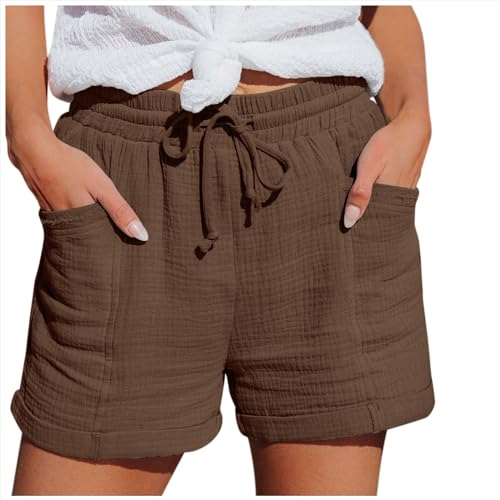 Shorts Damen Sommer Musselin Leinen Kurze Hose Beach Shorts Mit Taschen Elastische Taille Stretch Gerades Bein Sport Hose Kurze Mode Lässige Stoffhose Freizeit Short Mit Kordelzug Leinenhose Braun von Generisch