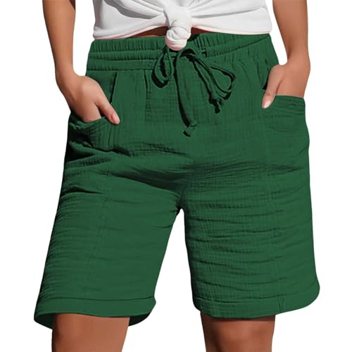 Shorts Damen Sommer Musselin Leinen Kurze Hose Beach Shorts Mit Taschen Elastische Taille Stretch Gerades Bein Sport Hose Kurze Mode Lässige Stoffhose Freizeit Short Mit Kordelzug Leinenhose von Generisch