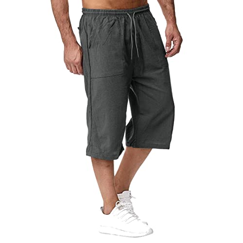 Shorts Herren 3/4 Hose Bermuda Sommer Kurze Hosen Cargo 3/4 Leinenhose Einfarbig Sommerhose Freizeithose Männer Sporthose Jogginghose mit Taschen Elastische Taille Laufhose Atmungsaktiv Turnhose von Generisch