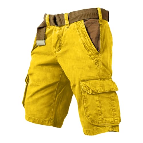 Shorts Herren Cargo Shorts Herren Baggy Arbeitshose Basic Leichte Sommerhose Relaxed Leicht Freizeithose Cargohose Outdoor Klassiker Stoffhose Mit Taschen Einfarbig Gelb XL von Generisch