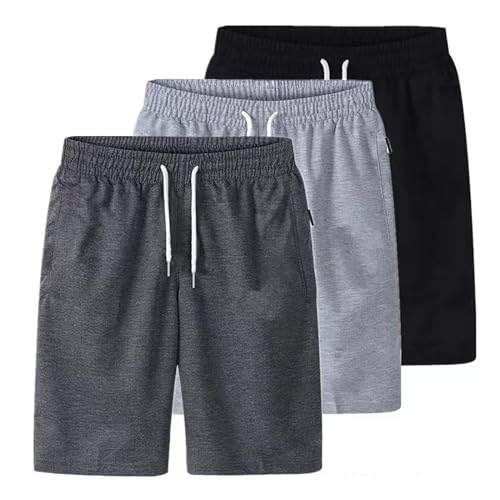 Shorts Herren Sport 3er Pack Sportshorts Sweatshorts Mit Reißverschluss Taschen Gerades Bein Sommershorts Tunnelzug Strandshorts Loose Freizeitshorts Einfarbig Short BK + GY1 + GY2 L von Generisch