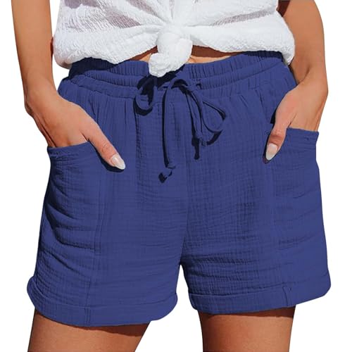 Shorts Leinen Damen Sommer,Kurze Hose mit Taschen,Sommerhose Leicht Stoffhose Stretch Gerades Bein Kordelzug Leinenhose Sporthose Kurz Damen Funktional Und Praktisch von Generisch