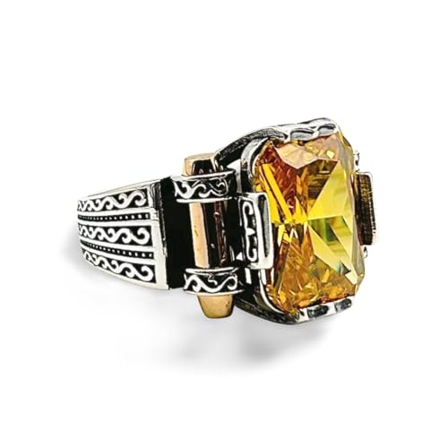 Siegelring 925 Sterling Silber Herrenring mit quatratischem Zirkonia Citrin gelb Stein Edelstein Silberring Herren Ring Sterlingsilber Geschenkidee für alle Anlässe mit Schachtel (65 (20,6 mm Ø)) von Generisch