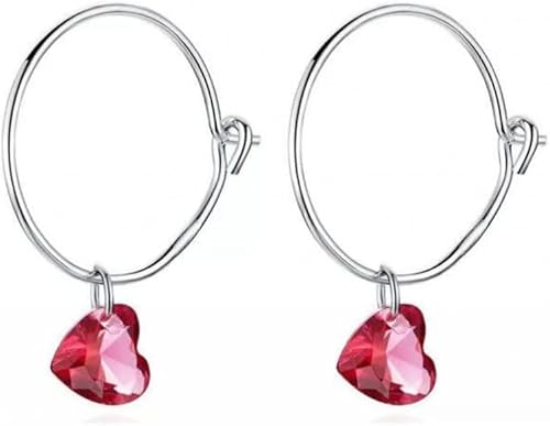 Silber Ohrringe mit Rotem Kristallherz, Große Runde Creolen, 925 Sterling Silber Schmuck von Generisch