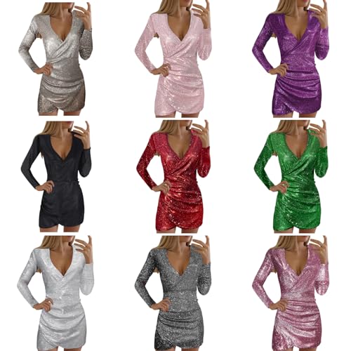 Silvester Kleid Damen Minikleid Damen 2023 Sexy V-Ausschnitt Schwarze Elegante Party Club Kleid Cocktailkleid Festlich Partykleid Abendkleid Weihnachten Glitzer Brautkleid Bodycon Kleid Ballkleid von Generisch