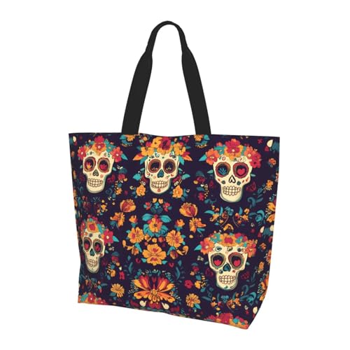 Skeleton Flower Tote Bag Damen Schulterhandtaschen Mexiko Totenkopf Blume Einkaufstaschen Wasserabweisend Große Handtasche mit Innentasche für Arbeit Reise Schule von Generisch