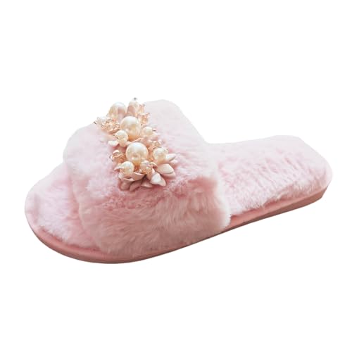 SketcheDamenschuhe Schwarz -Winter-Plüsch-Perlen-Blumen-Dekoration, offene Spitze, Flacher Boden, Baumwoll-Hausschuhe Damen Keilabsatz Schuhe Sneaker (43) von Generisch