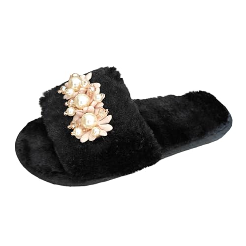 SketcheDamenschuhe Schwarz -Winter-Plüsch-Perlen-Blumen-Dekoration, offene Spitze, Flacher Boden, Baumwoll-Hausschuhe Damen Keilabsatz Schuhe Sneaker (Black, 39) von Generisch