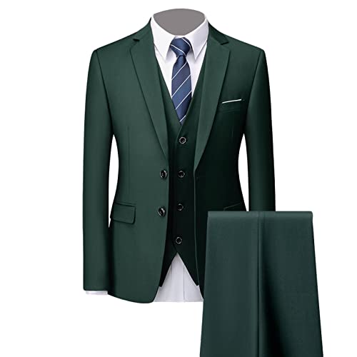 Slim Fit 3 Teiliges Anzug Set für Herren 2 Knopf Feste Formelle Hochzeits Smoking Anzüge Schal Revers Stilvolle Party Blazer Weste Hose (Armeegrün,XXL) von Generisch