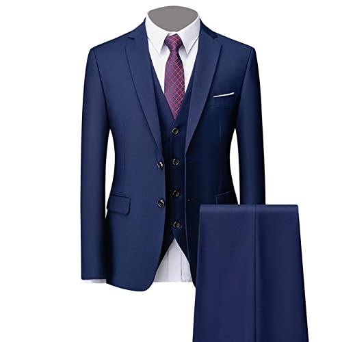 Slim Fit 3 Teiliges Anzug Set für Herren 2 Knopf Feste Formelle Hochzeits Smoking Anzüge Schal Revers Stilvolle Party Blazer Weste Hose (Dunkelblau,XXL) von Generisch