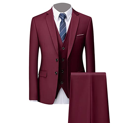 Slim Fit 3 Teiliges Anzug Set für Herren 2 Knopf Feste Formelle Hochzeits Smoking Anzüge Schal Revers Stilvolle Party Blazer Weste Hose (Dunkelrot,L) von Generisch