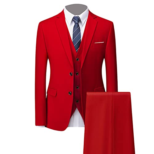 Slim Fit 3 Teiliges Anzug Set für Herren 2 Knopf Feste Formelle Hochzeits Smoking Anzüge Schal Revers Stilvolle Party Blazer Weste Hose (Rot,3XL) von Generisch