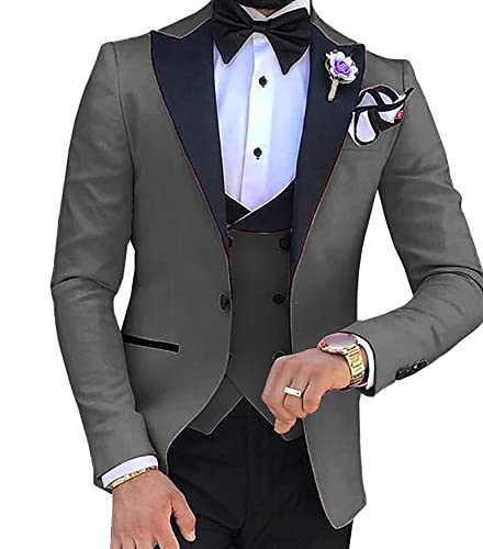 Slim Fit 3 Teiliges Anzug Set für Herren Smoking Anzüge mit Spitzem Revers und Einem Knopf Stilvolle Solid Party Dinner Jacket Vest & Pants Sets (Dunkelgrau,4XL) von Generisch