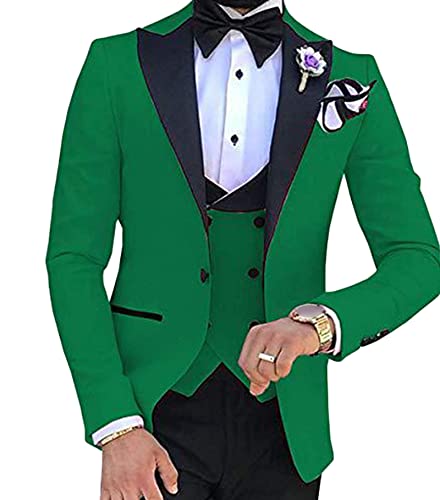 Slim Fit 3 Teiliges Anzug Set für Herren Smoking Anzüge mit Spitzem Revers und Einem Knopf Stilvolle Solid Party Dinner Jacket Vest & Pants Sets (Grün,S) von Generisch