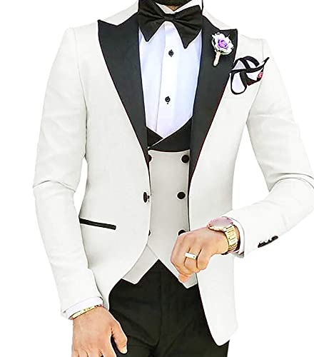 Slim Fit 3 Teiliges Anzug Set für Herren Smoking Anzüge mit Spitzem Revers und Einem Knopf Stilvolle Solid Party Dinner Jacket Vest & Pants Sets (Weiß,XS) von Generisch