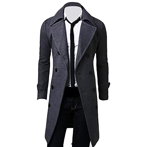 Slim Fit Winter Wollmantel für Herren Zweireihige Business Lange Cabanjacken MittelLanger Trench Jackenmantel mit Gekerbtem Revers (L,Grau) von Generisch