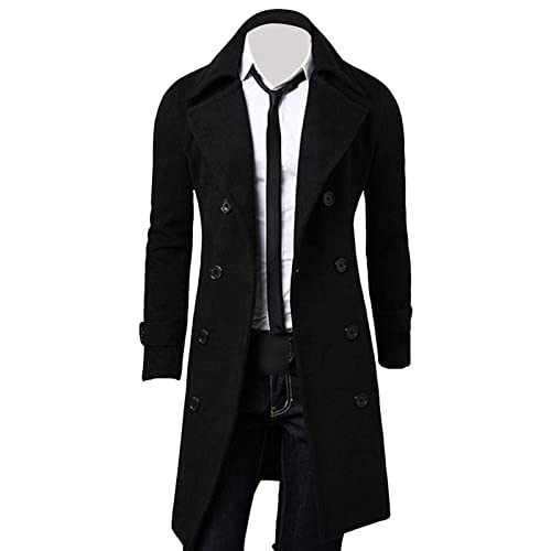 Slim Fit Winter Wollmantel für Herren Zweireihige Business Lange Cabanjacken MittelLanger Trench Jackenmantel mit Gekerbtem Revers (M,Schwarz) von Generisch