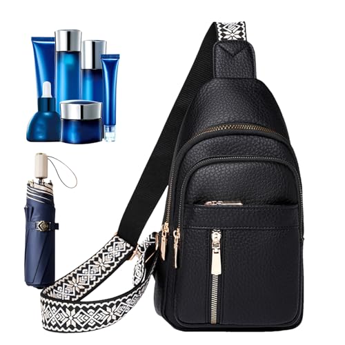 Sling Bag PU Leder Damen Sling Bag 18 x 6 x 30 cm, Schultertasche, Crossover-Brusttaschen mit Reißverschlüssen, wasserabweisend, Wandern, Freizeit, Handytaschen für Damen und Herren, Schwarz , Refer von Generisch