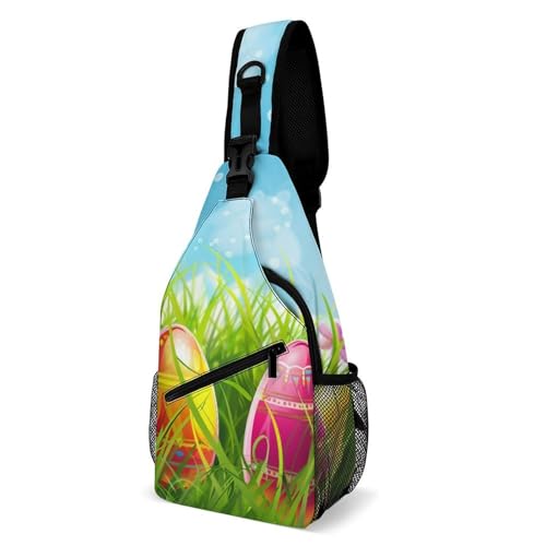 Sling Bag Reise-Brusttasche mit verstellbarem Gurt, ideal zum Wandern, Laufen oder Pendeln, Frohe Ostern mit bunten Eiern im Gras von Generisch